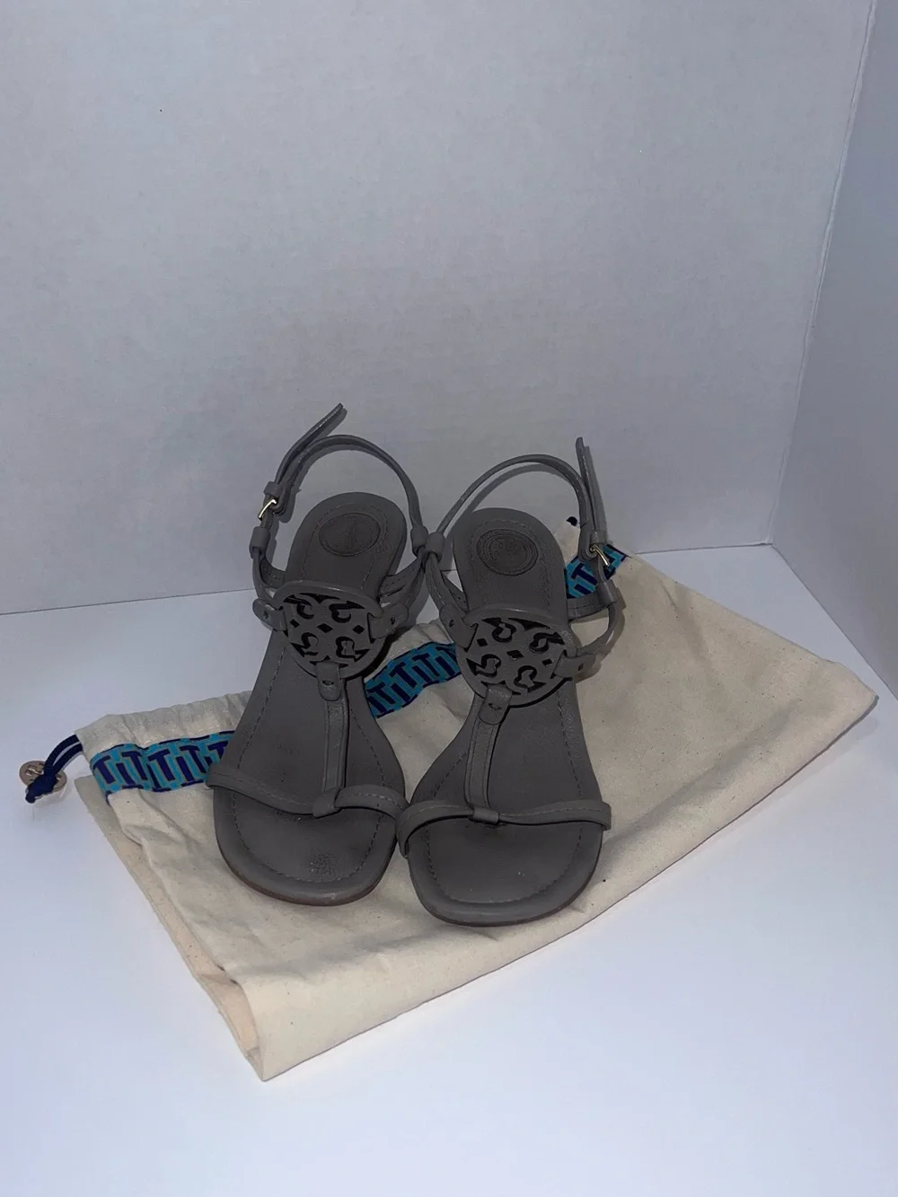 Tory Burch Gray Leather Miller Logo T-Strap Sandals